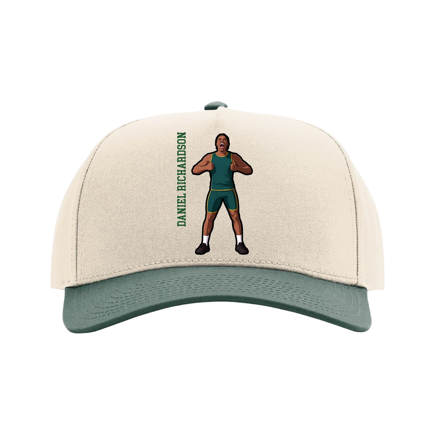 Full Fabric Five-Panel Champ Cap — Name Vertical in Cream/Green