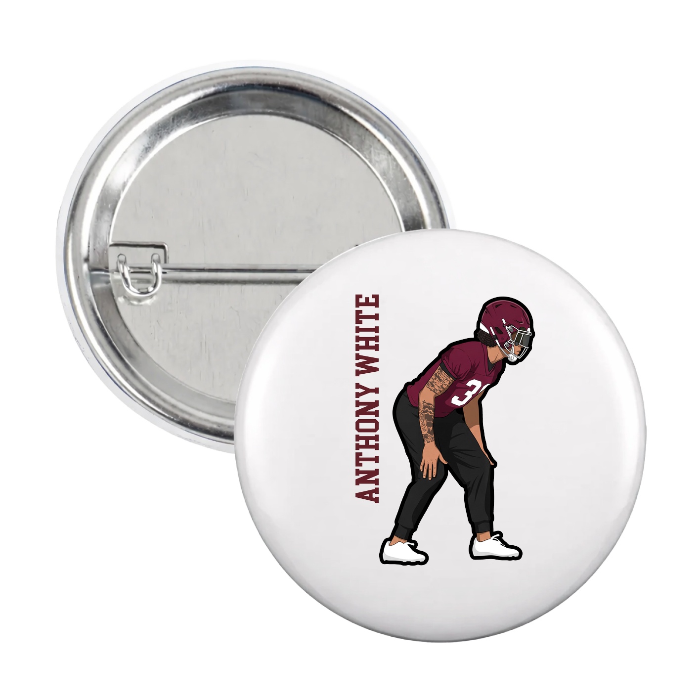Game Day Button — Name Vertical in White