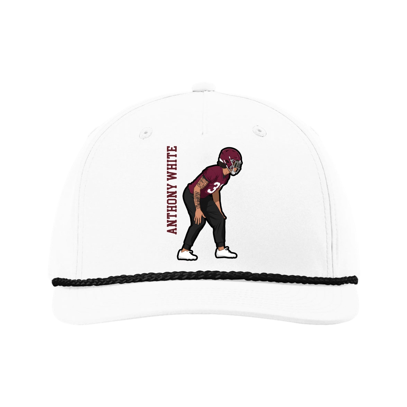Five-Panel Classic Rope Cap — Name Vertical in White