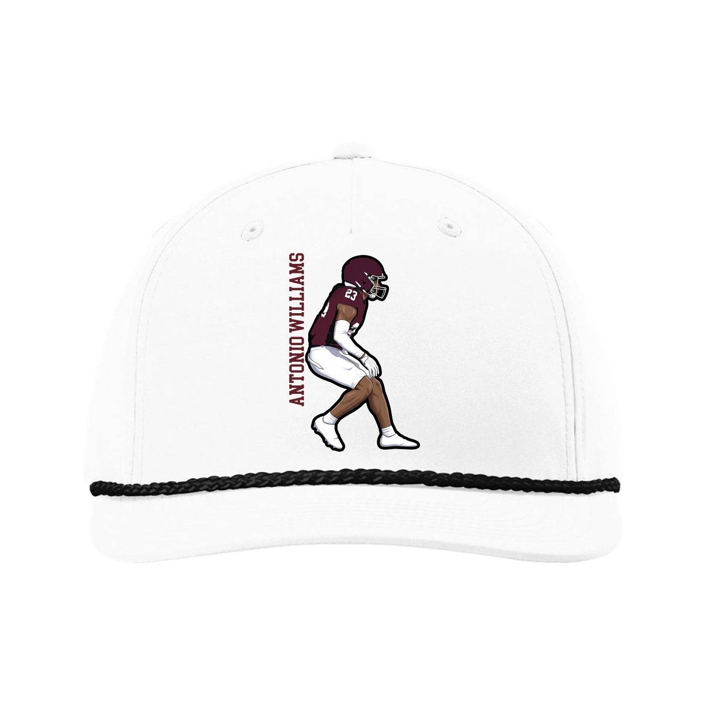 Five-Panel Classic Rope Cap — Name Vertical in White
