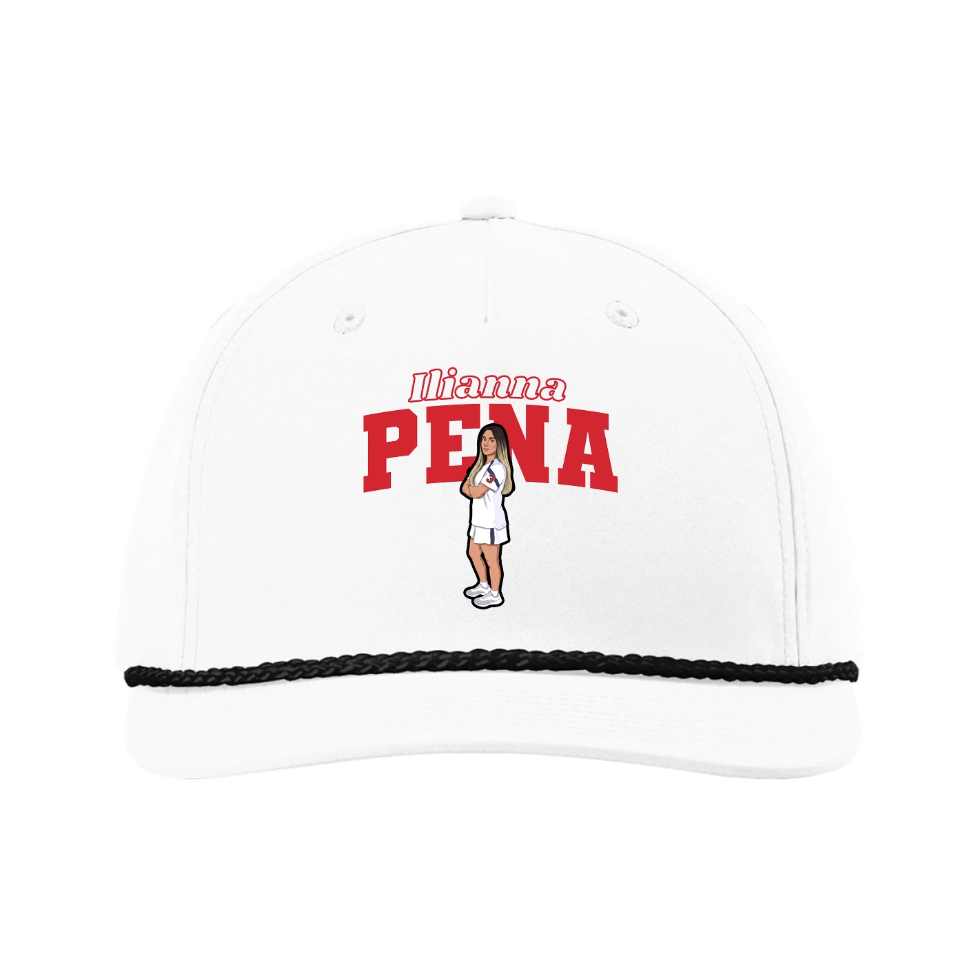 Five-Panel Classic Rope Cap — Name Arch in White