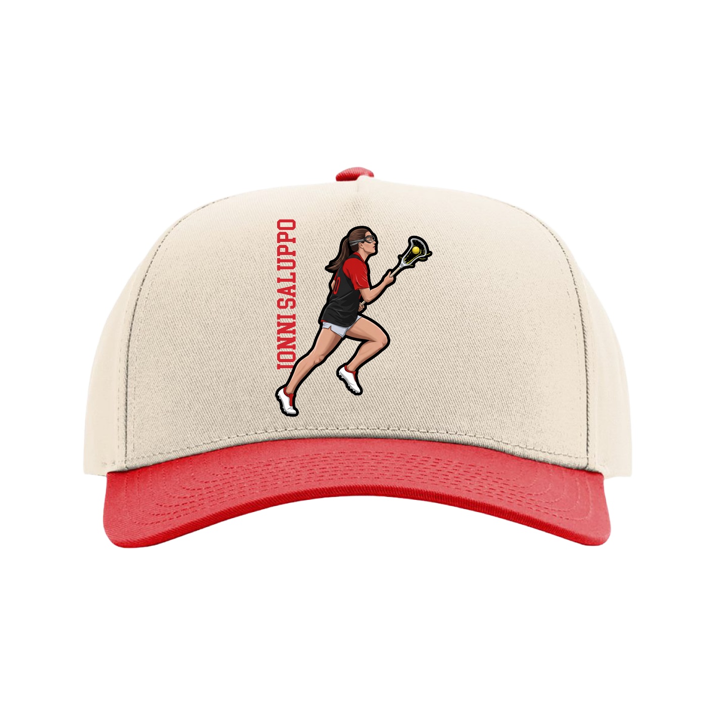 Full Fabric Five-Panel Champ Cap — Name Vertical in Cream/Red
