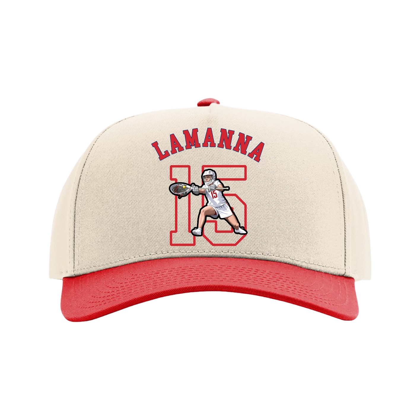 Full Fabric Five-Panel Champ Cap — Shirsey Arch in Cream/Red