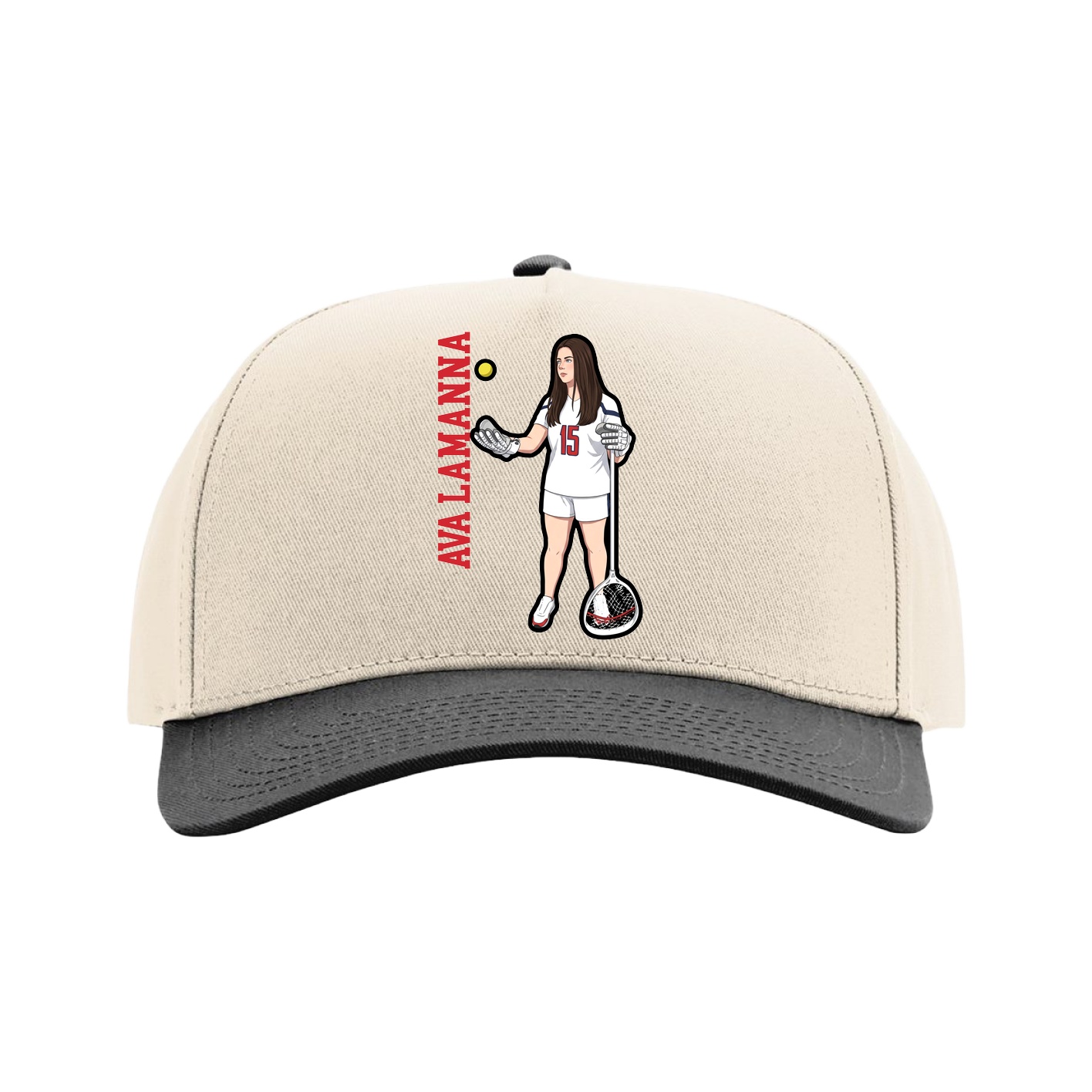 Full Fabric Five-Panel Champ Cap — Name Vertical in Cream/Black