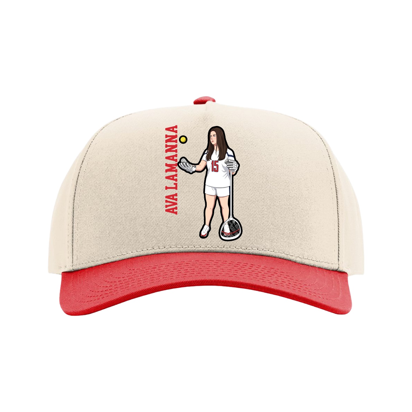Full Fabric Five-Panel Champ Cap — Name Vertical in Cream/Red