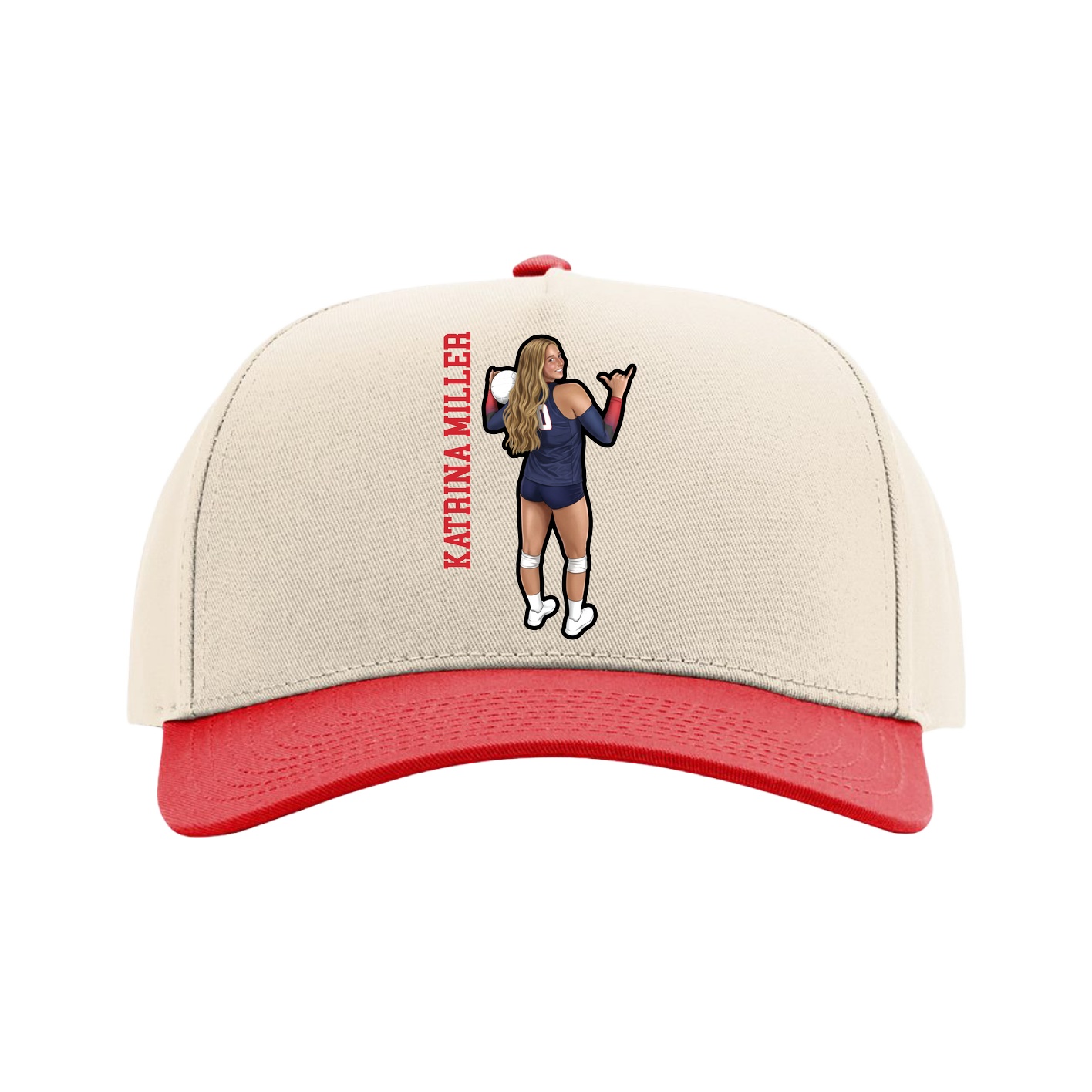 Full Fabric Five-Panel Champ Cap — Name Vertical in Cream/Red