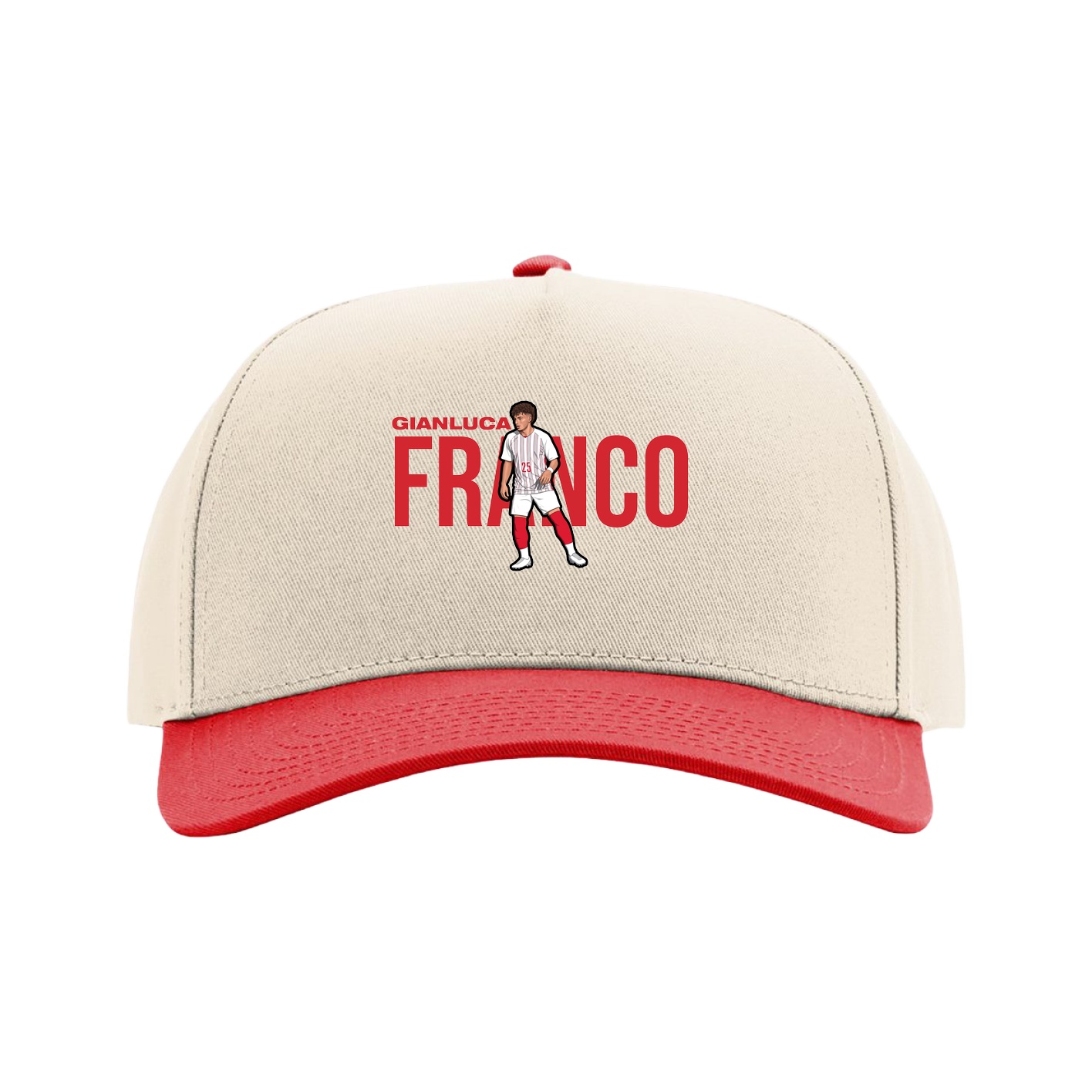 Full Fabric Five-Panel Champ Cap — Player Name in Cream/Red