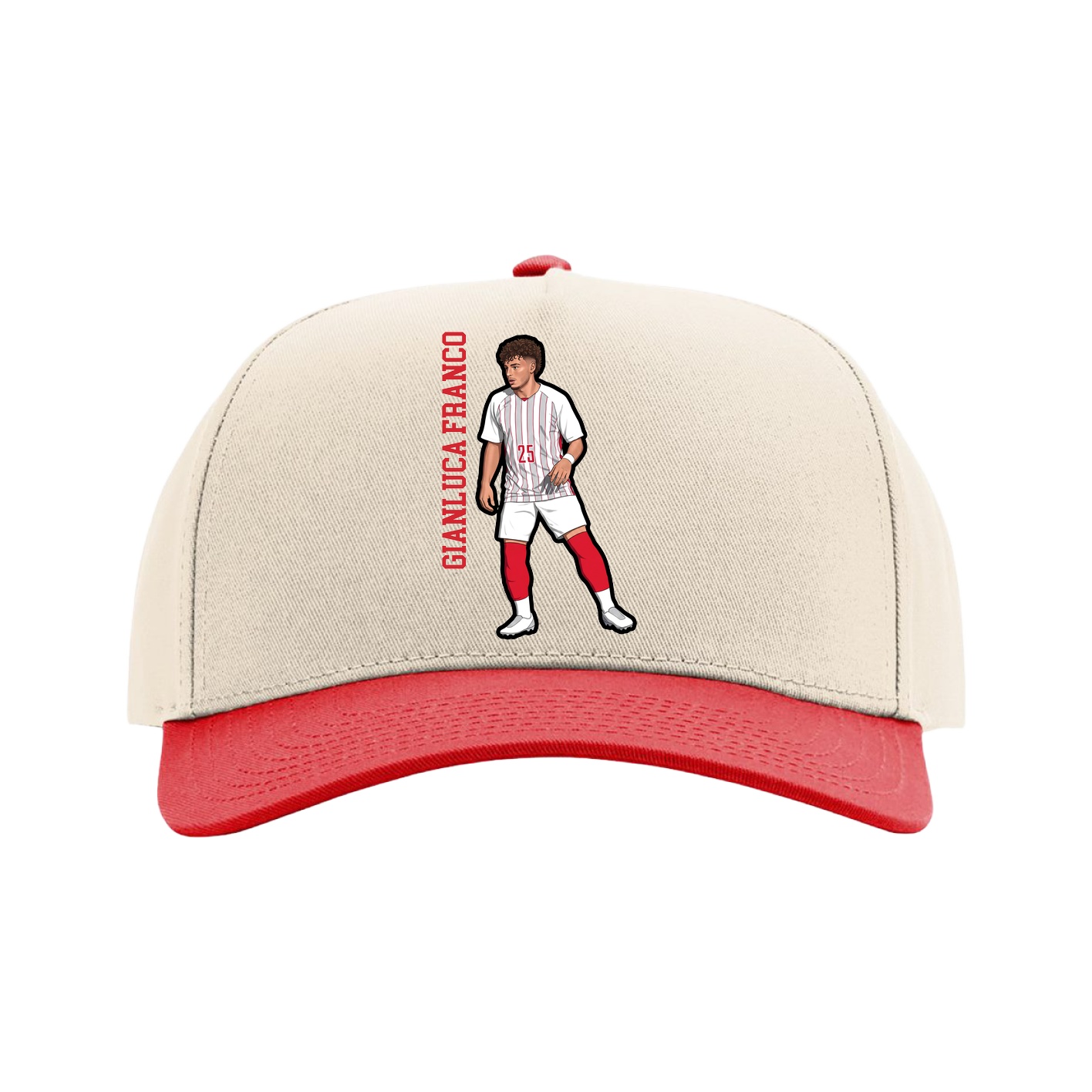 Full Fabric Five-Panel Champ Cap — Name Vertical in Cream/Red