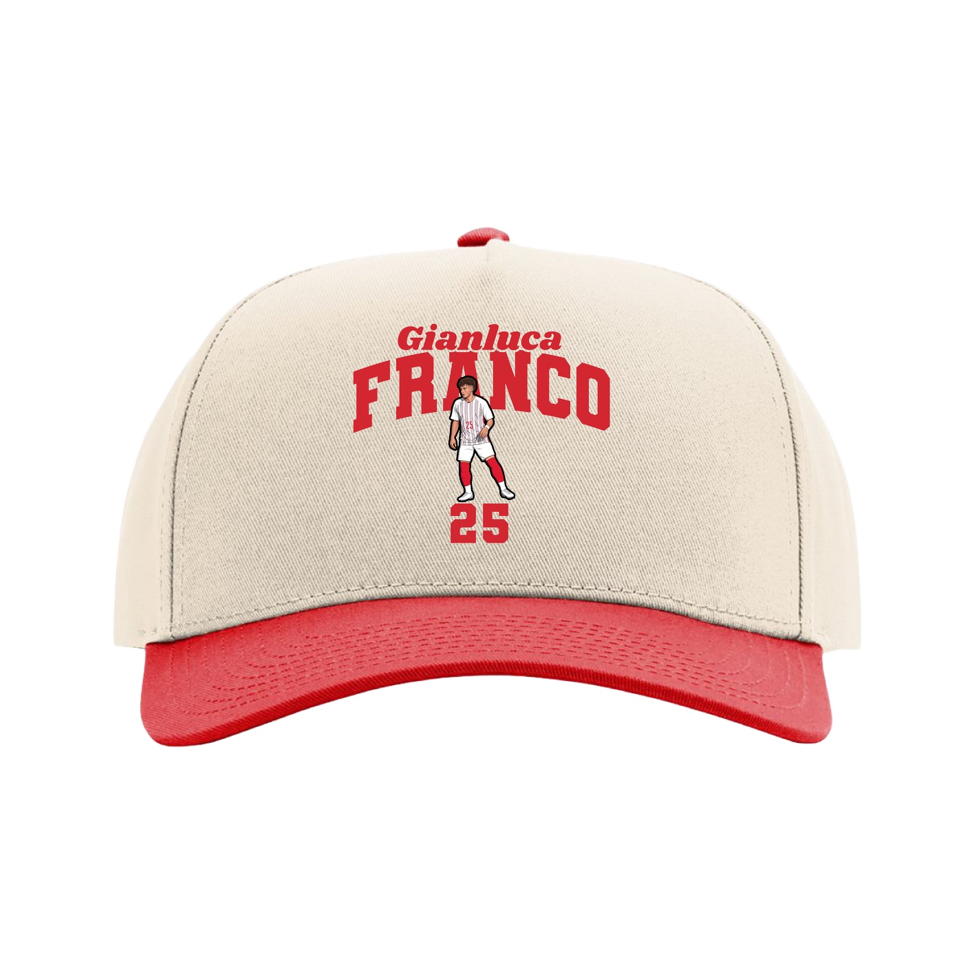 Full Fabric Five-Panel Champ Cap — Signature Arch in Cream/Red