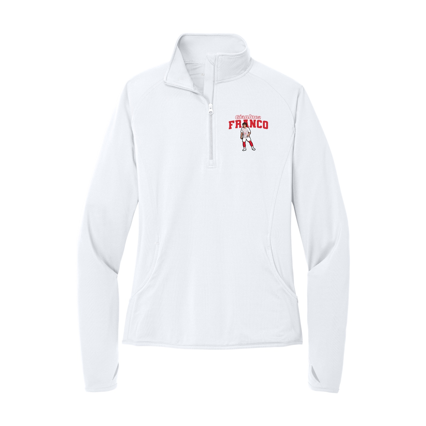 Women's Q-Zip Pullover — Name Arch in White
