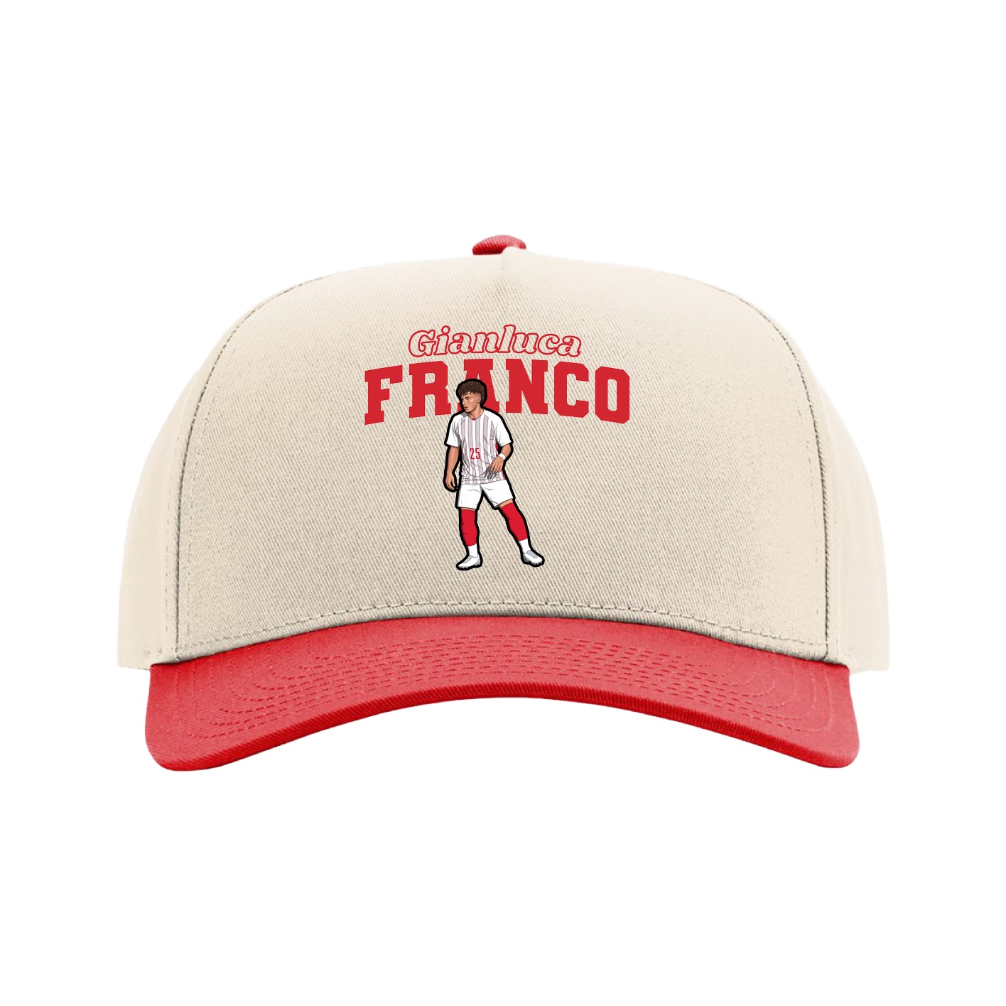 Full Fabric Five-Panel Champ Cap — Name Arch in Cream/Red