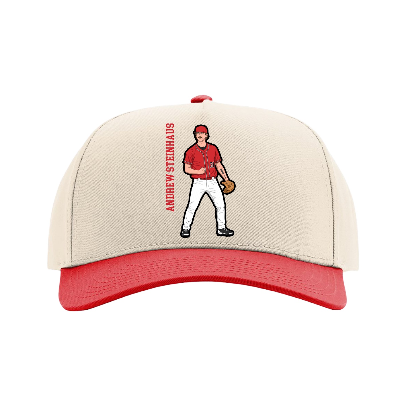 Full Fabric Five-Panel Champ Cap — Name Vertical in Cream/Red