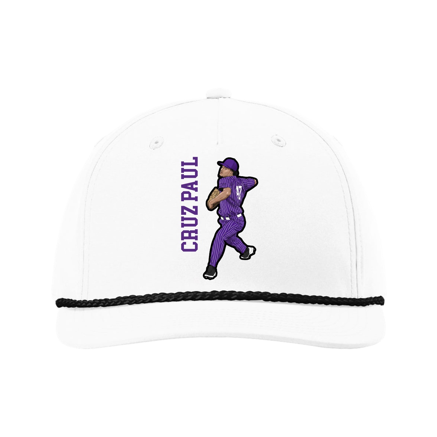 Five-Panel Classic Rope Cap — Name Vertical in White