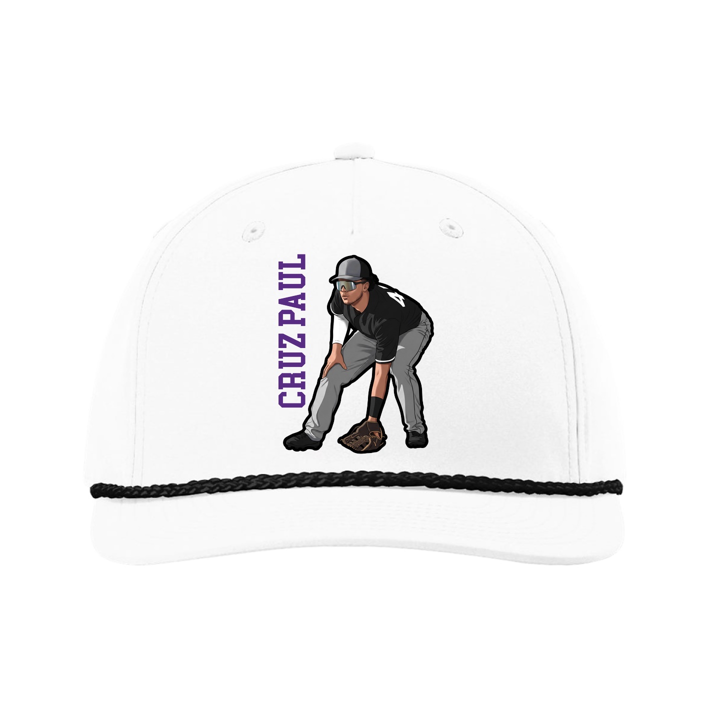 Five-Panel Classic Rope Cap — Name Vertical in White