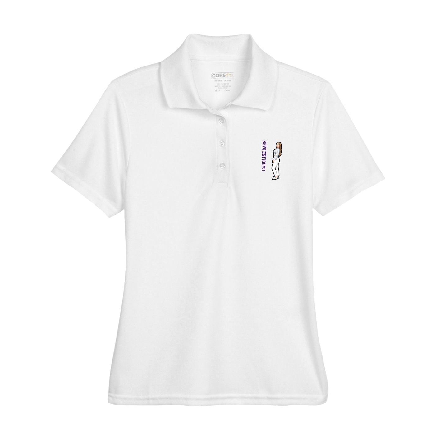 Womens Performance Polo — Name Vertical in White