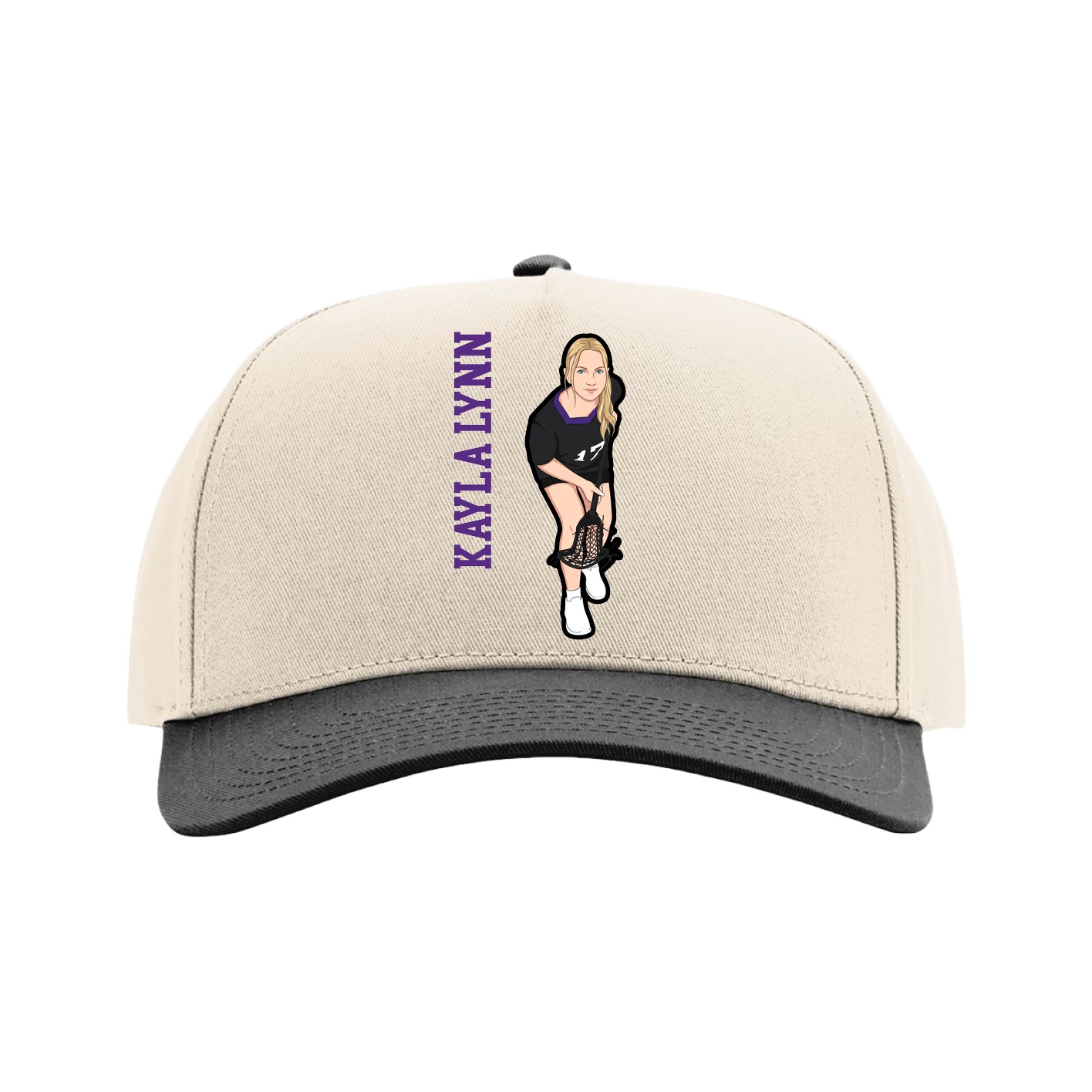 Full Fabric Five-Panel Champ Cap — Name Vertical in Cream/Black