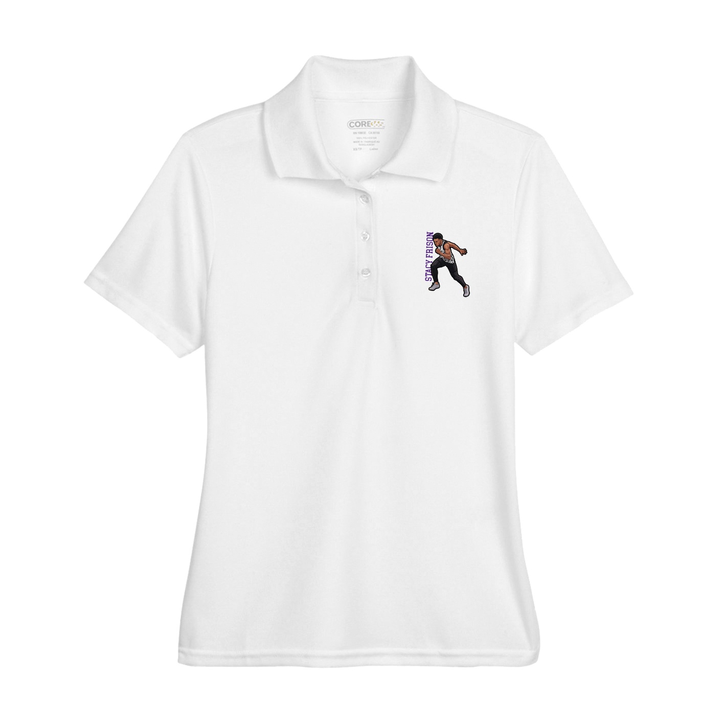 Womens Performance Polo — Name Vertical in White