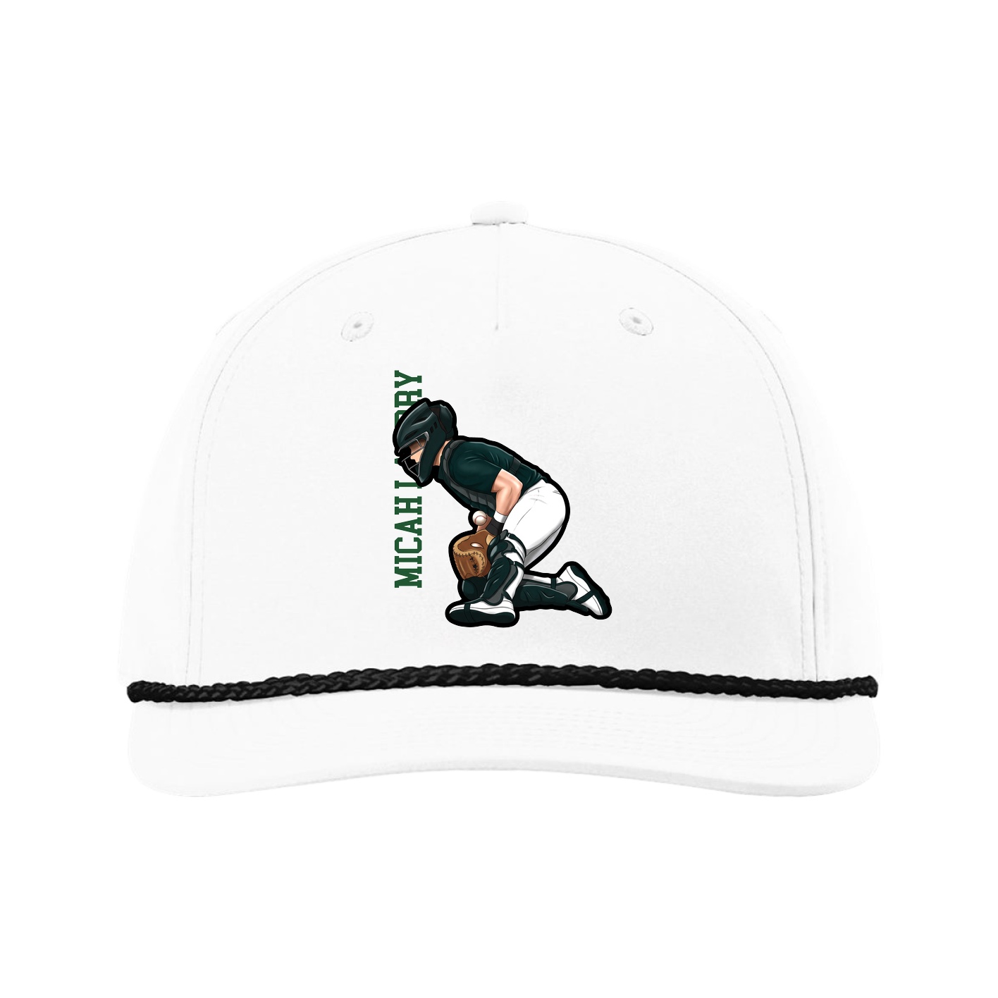 Five-Panel Classic Rope Cap — Name Vertical in White