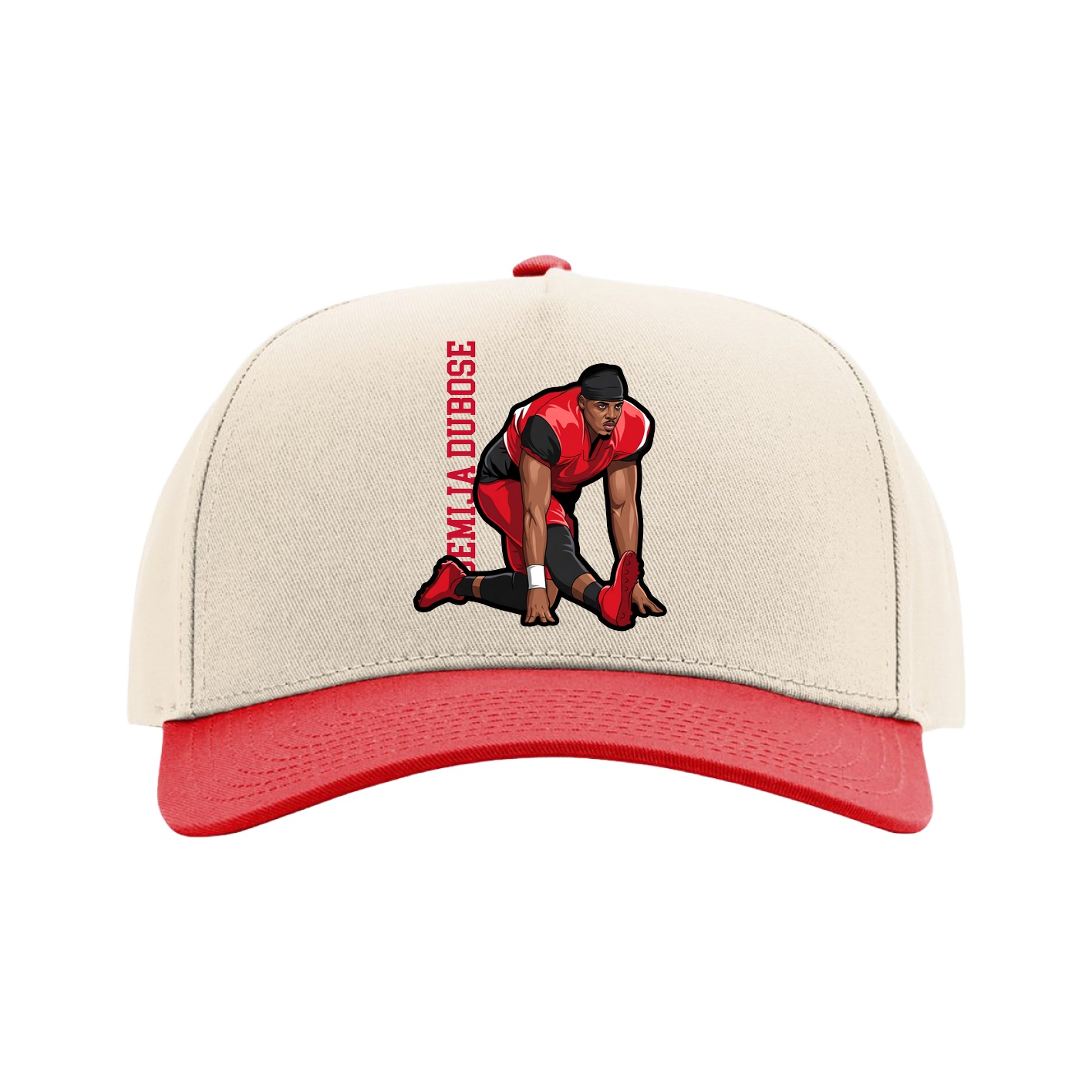 Full Fabric Five-Panel Champ Cap — Name Vertical in Cream/Red