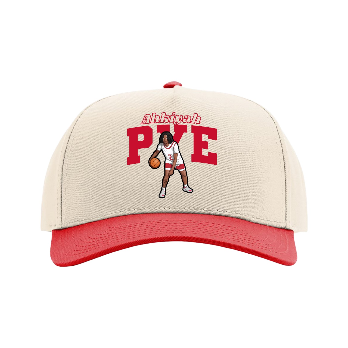 Full Fabric Five-Panel Champ Cap — Name Arch in Cream/Red