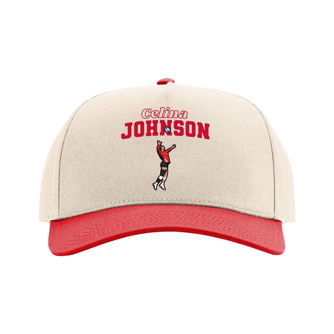 Full Fabric Five-Panel Champ Cap — Name Arch in Cream/Red