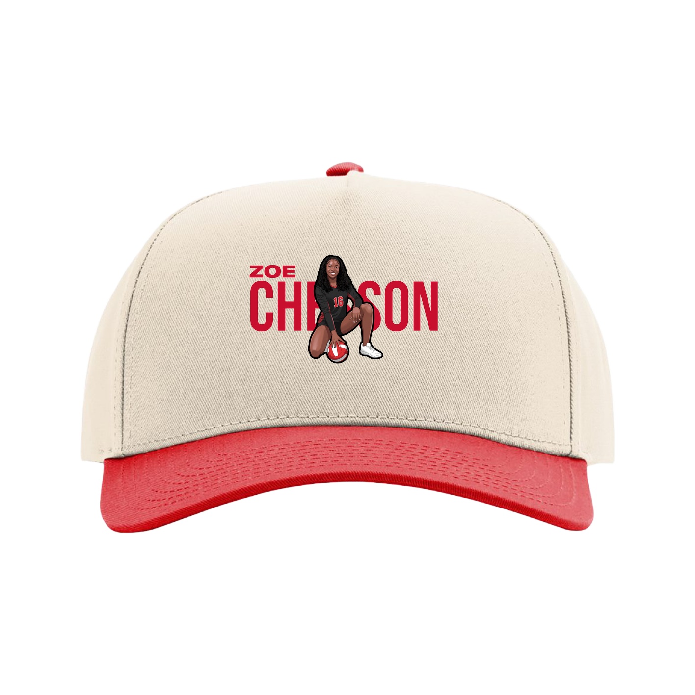 Full Fabric Five-Panel Champ Cap — Player Name in Cream/Red