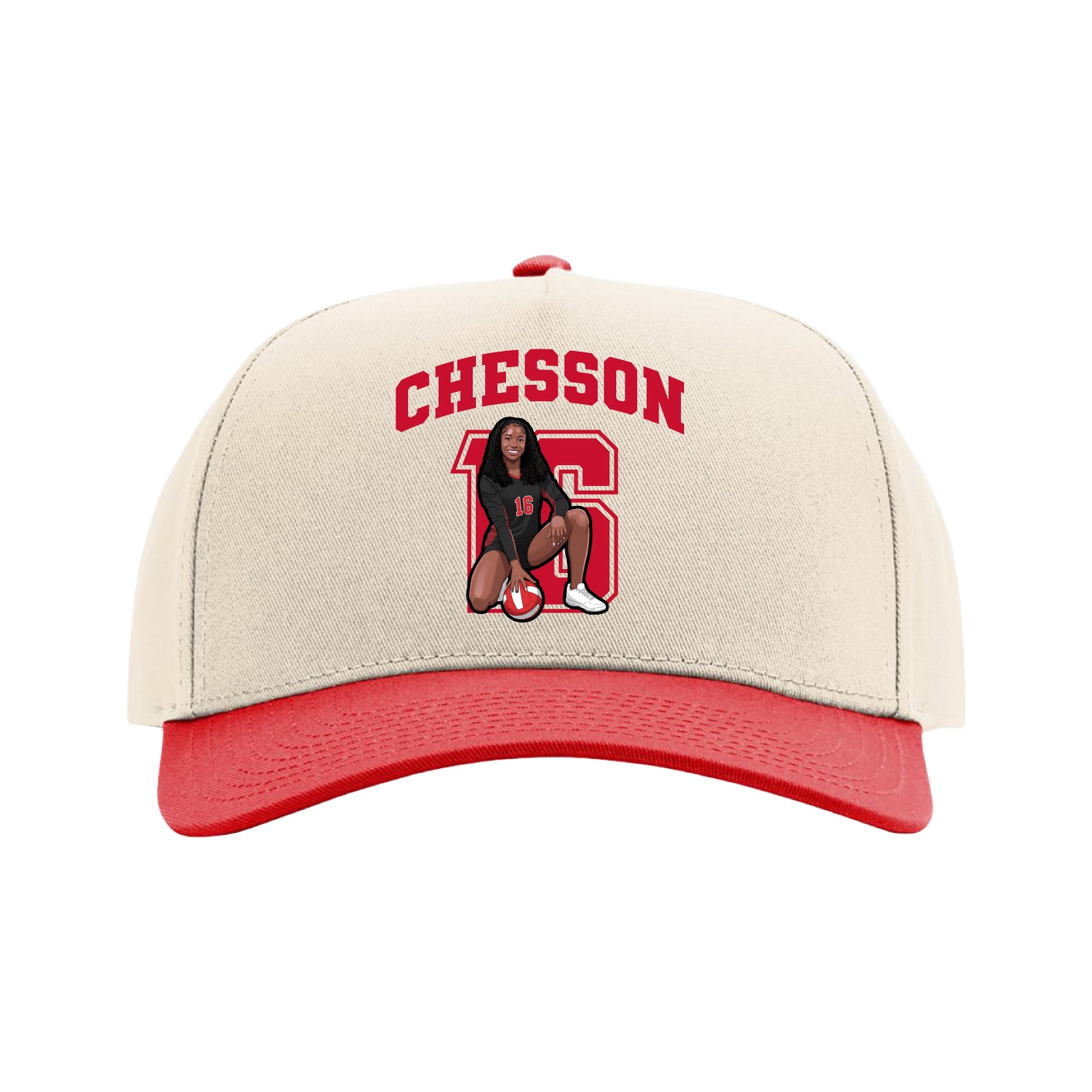 Full Fabric Five-Panel Champ Cap — Number in Cream/Red