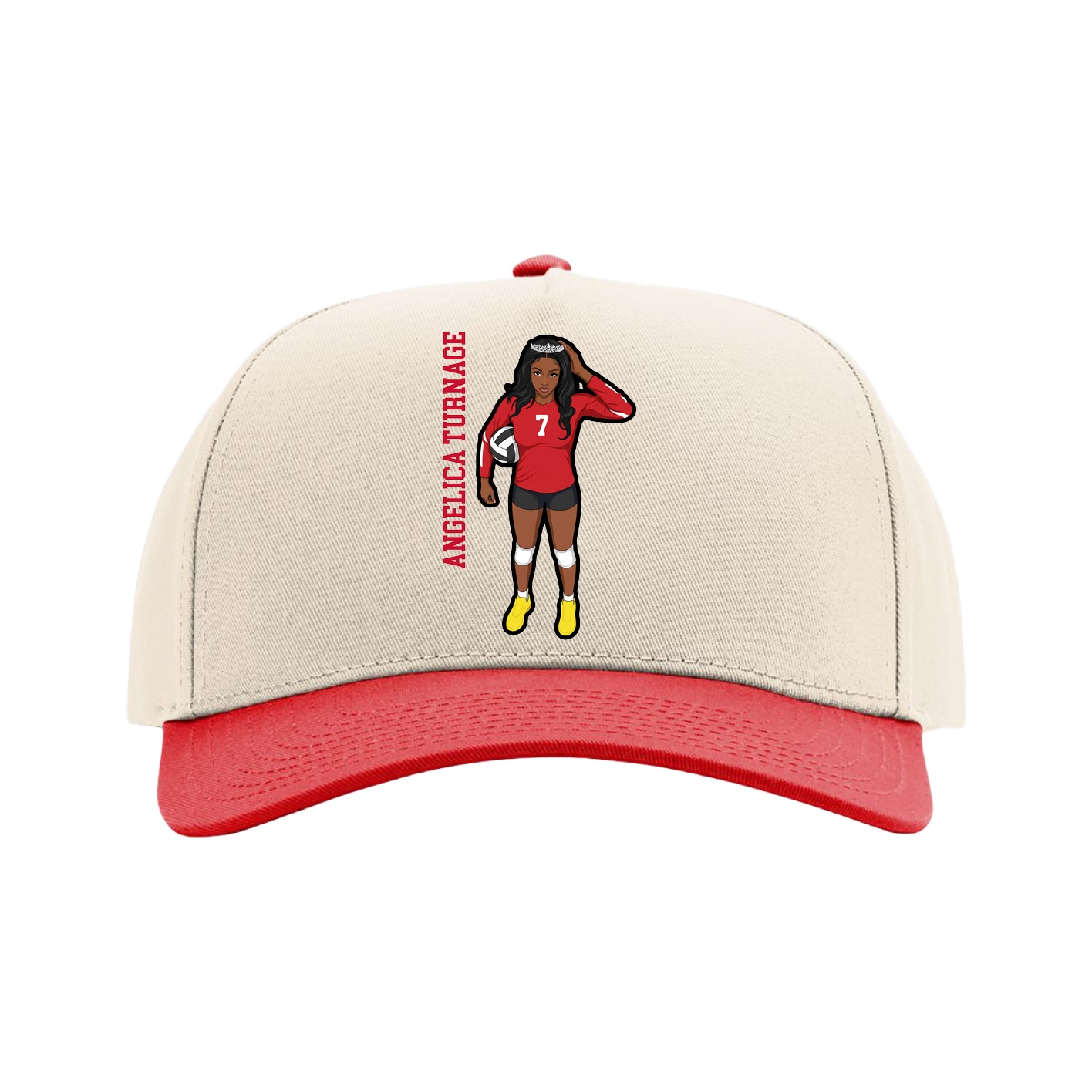 Full Fabric Five-Panel Champ Cap — Name Vertical in Cream/Red