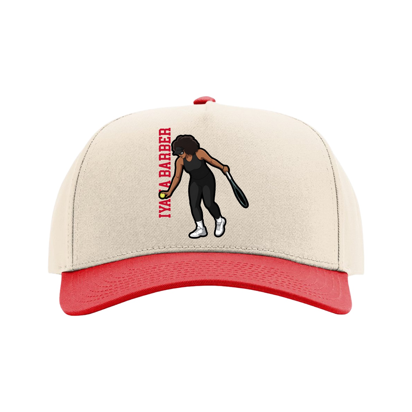 Full Fabric Five-Panel Champ Cap — Name Vertical in Cream/Red