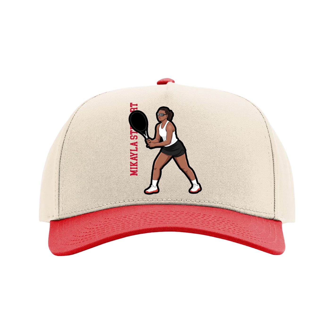 Full Fabric Five-Panel Champ Cap — Name Vertical in Cream/Red