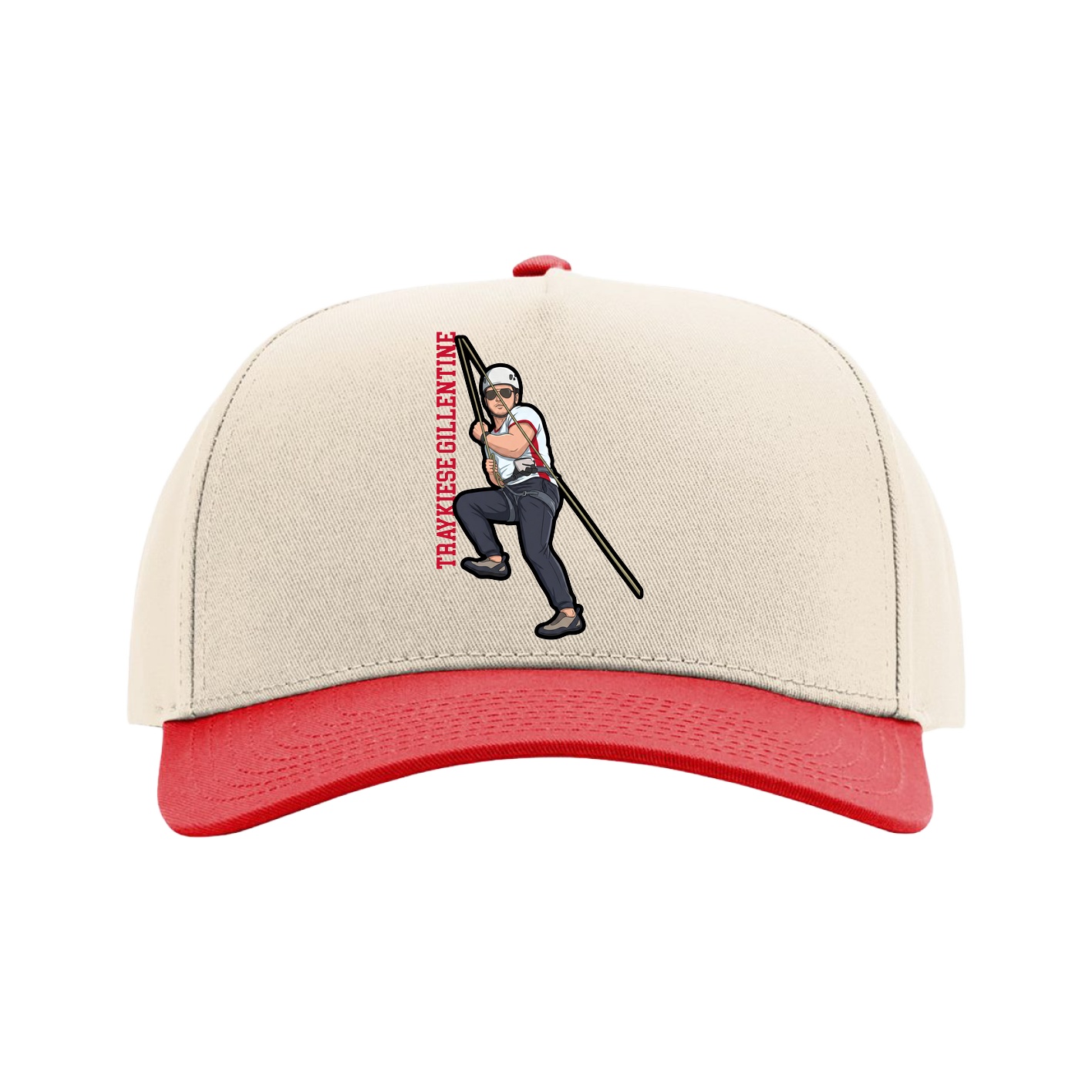 Full Fabric Five-Panel Champ Cap — Name Vertical in Cream/Red