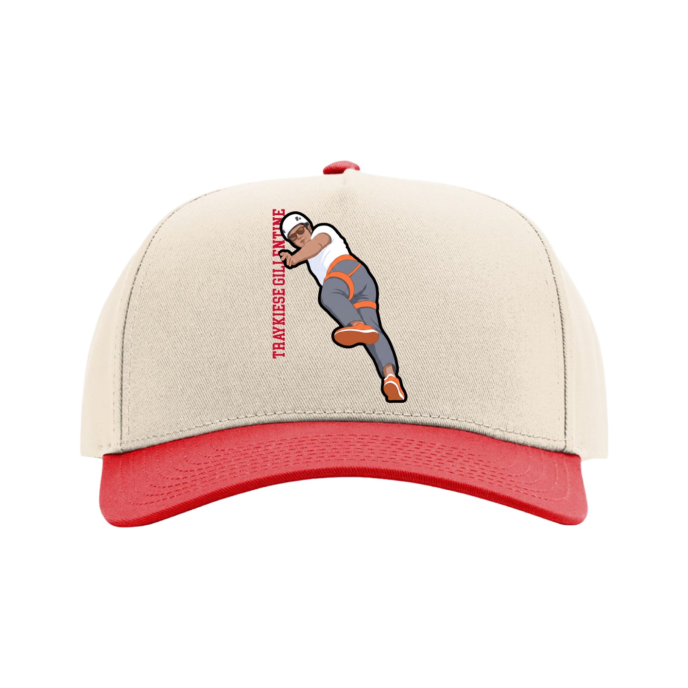Full Fabric Five-Panel Champ Cap — Name Vertical in Cream/Red