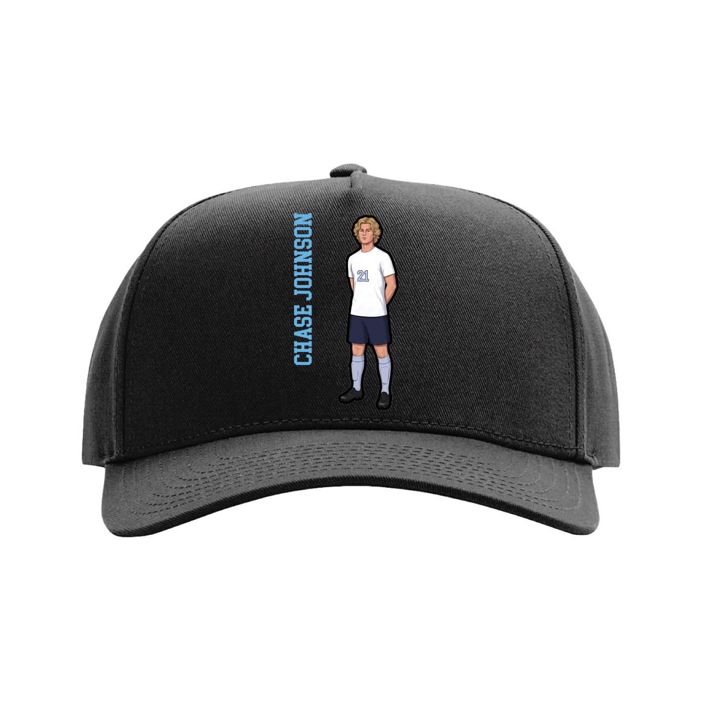 Full Fabric Five-Panel Champ Cap — Name Vertical in Black