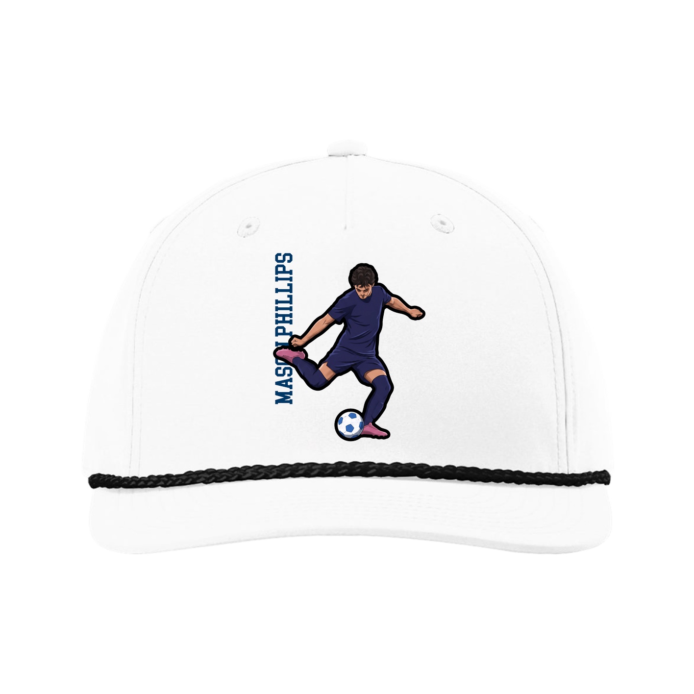 Five-Panel Classic Rope Cap — Name Vertical in White