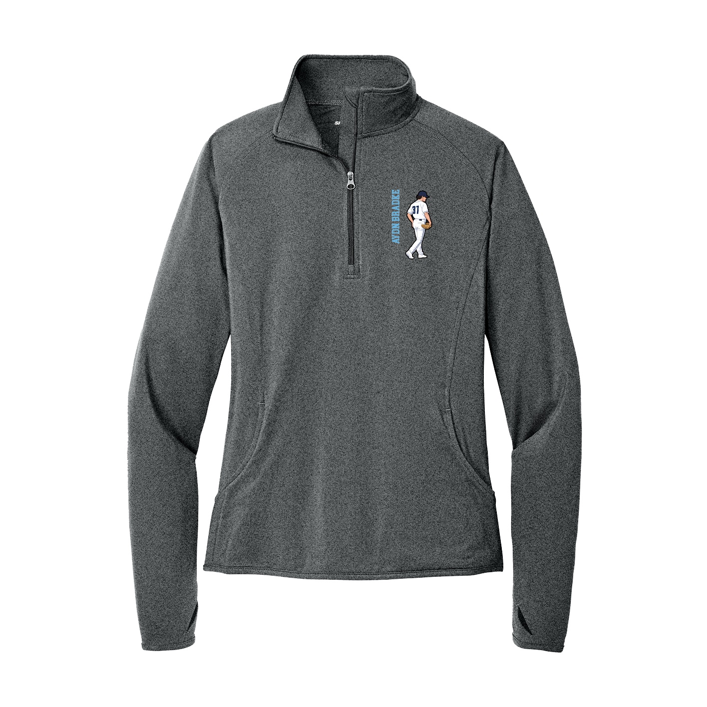 Women's Q-Zip Pullover — Name Vertical in Grey