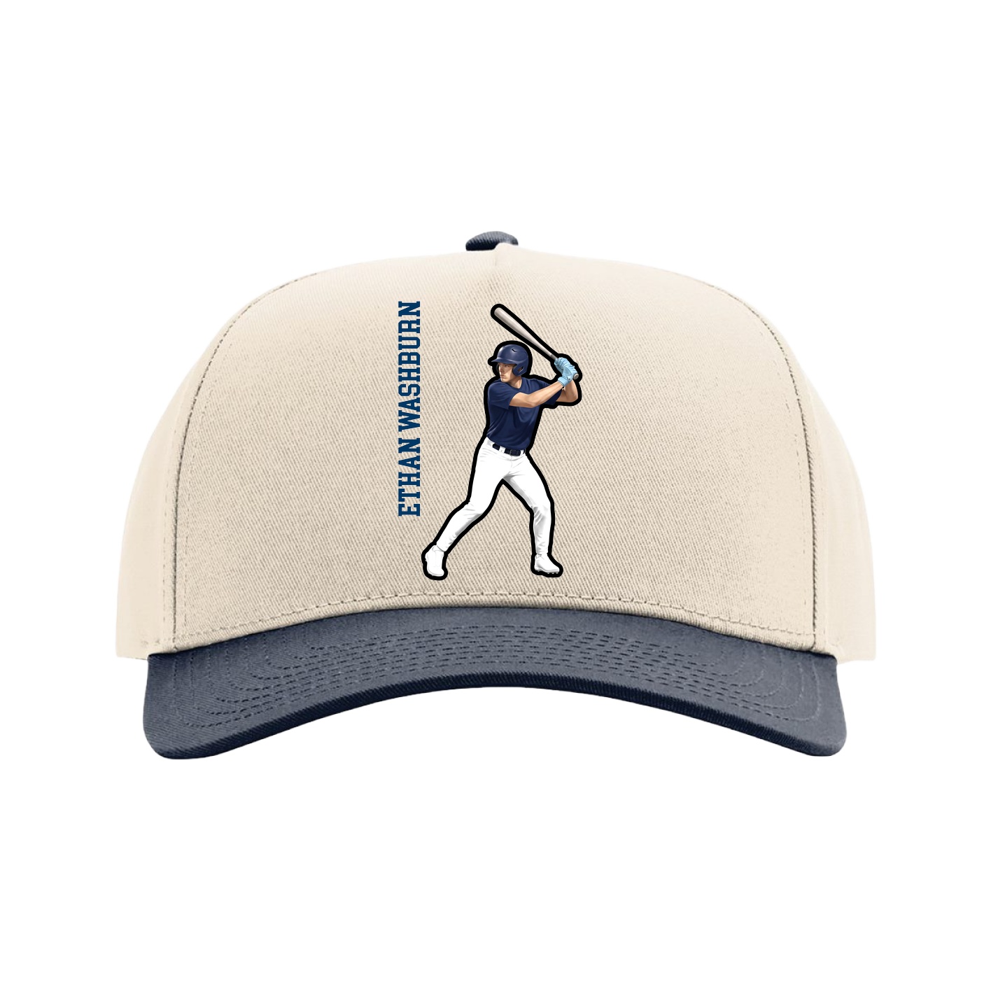 Full Fabric Five-Panel Champ Cap — Name Vertical in Cream/Navy