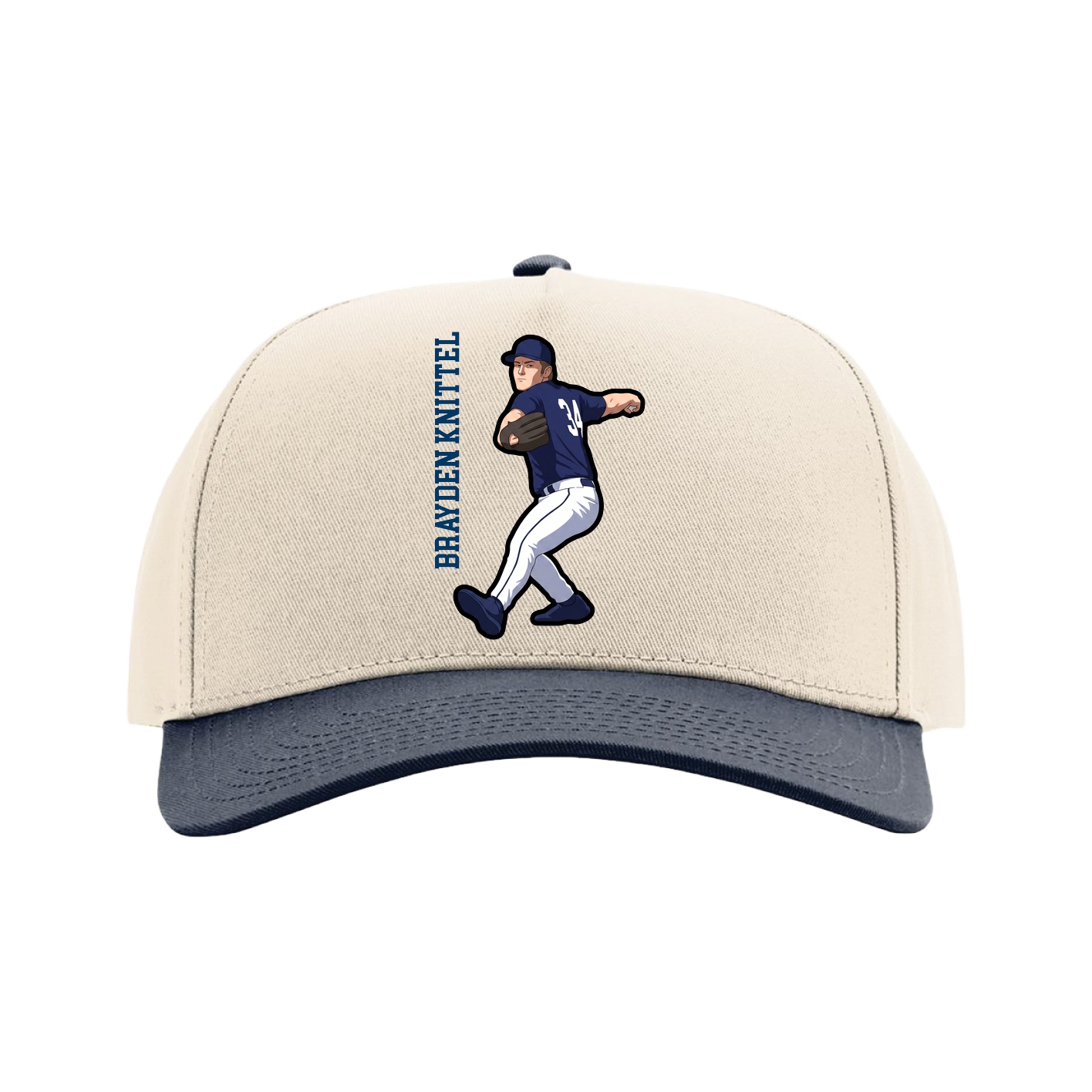 Full Fabric Five-Panel Champ Cap — Name Vertical in Cream/Navy