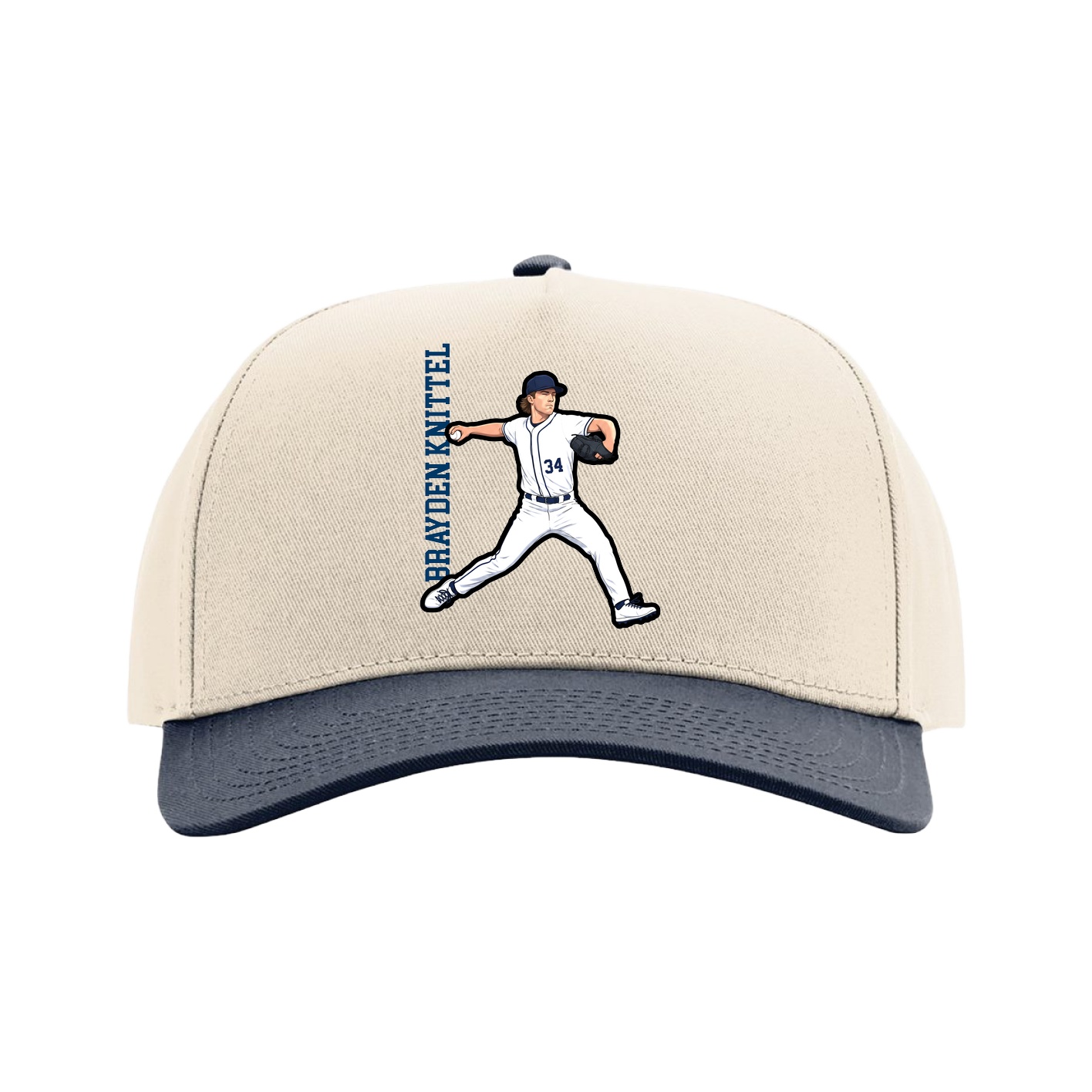 Full Fabric Five-Panel Champ Cap — Name Vertical in Cream/Navy