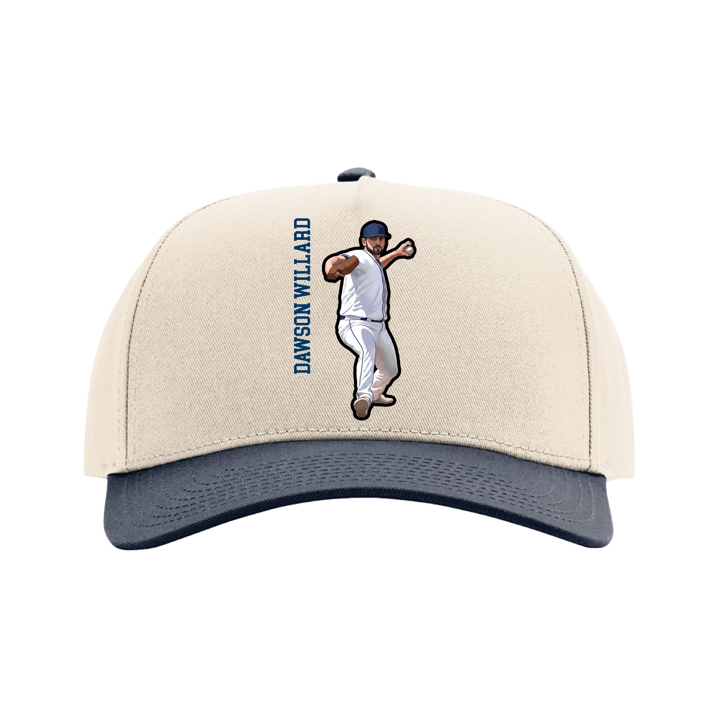Full Fabric Five-Panel Champ Cap — Name Vertical in Cream/Navy