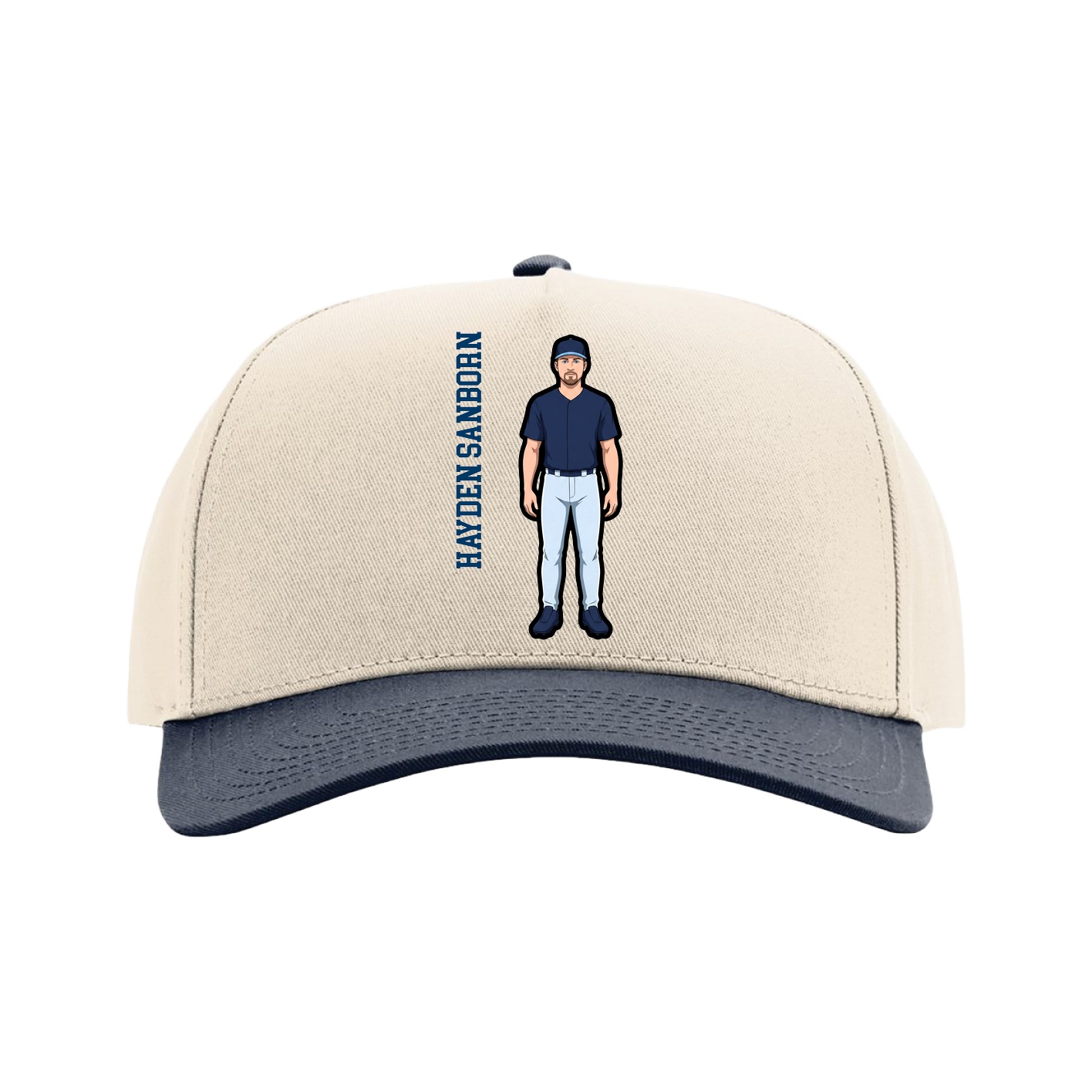 Full Fabric Five-Panel Champ Cap — Name Vertical in Cream/Navy