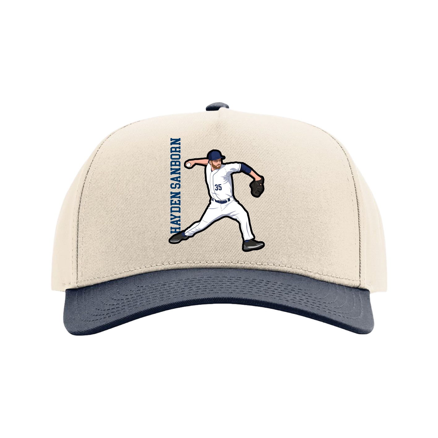 Full Fabric Five-Panel Champ Cap — Name Vertical in Cream/Navy