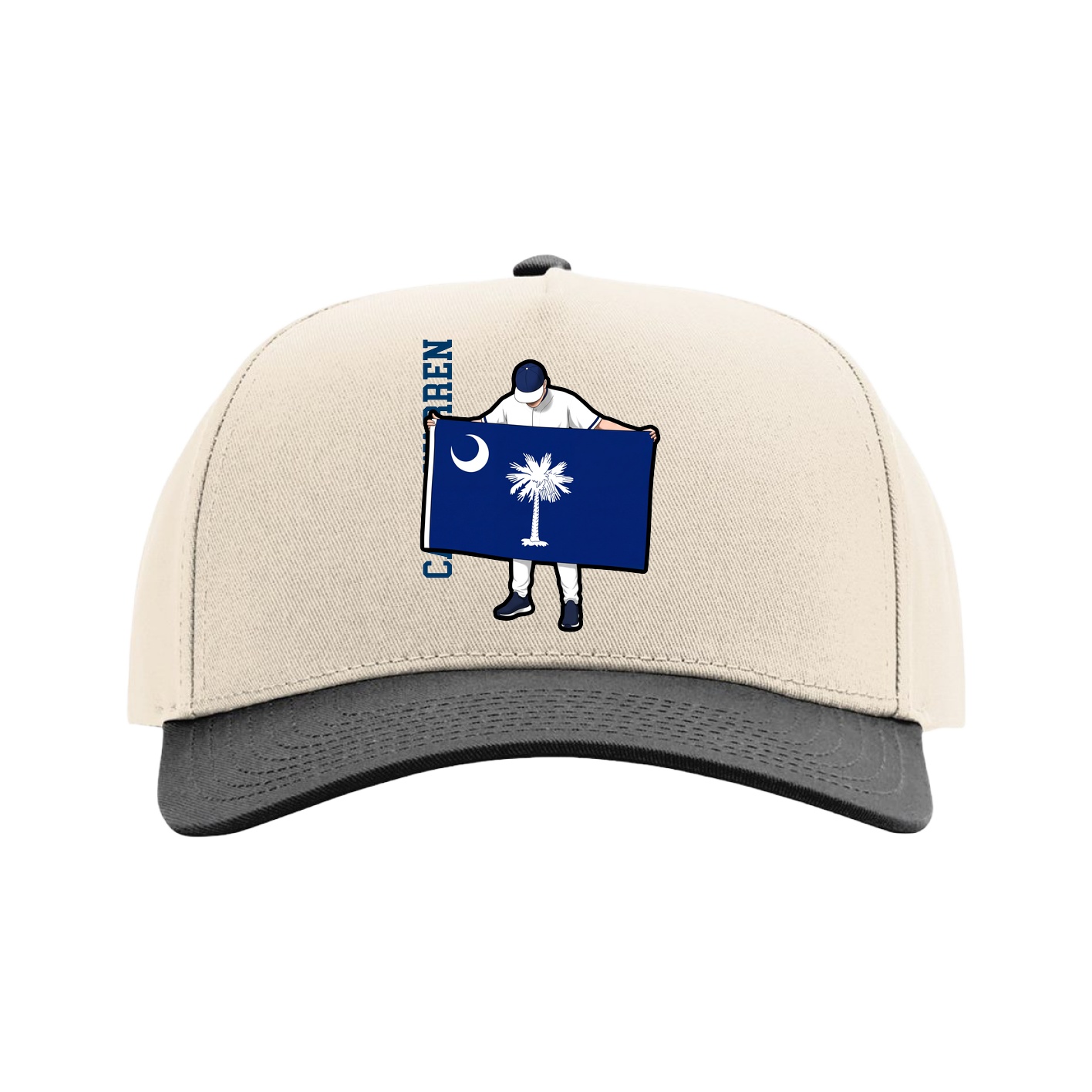 Full Fabric Five-Panel Champ Cap — Name Vertical in Cream/Black