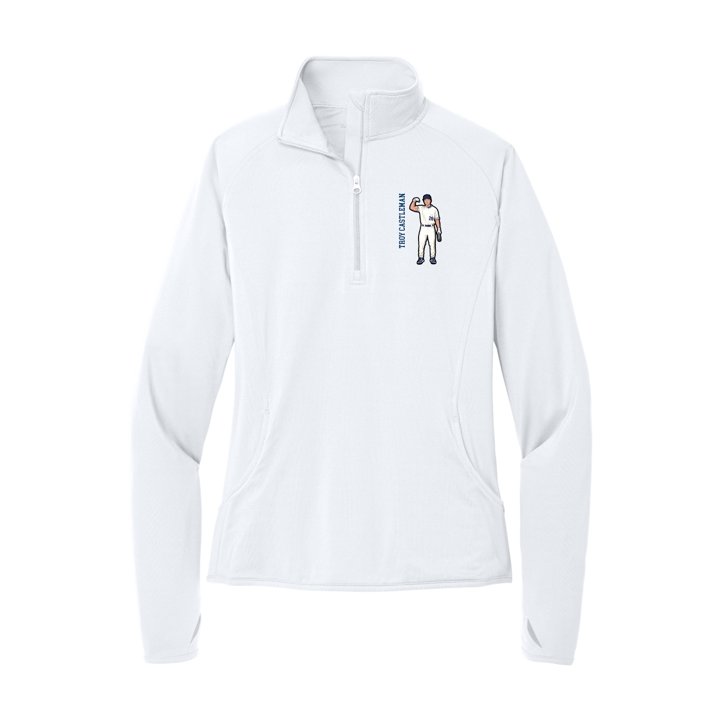 Women's Q-Zip Pullover — Name Vertical in White