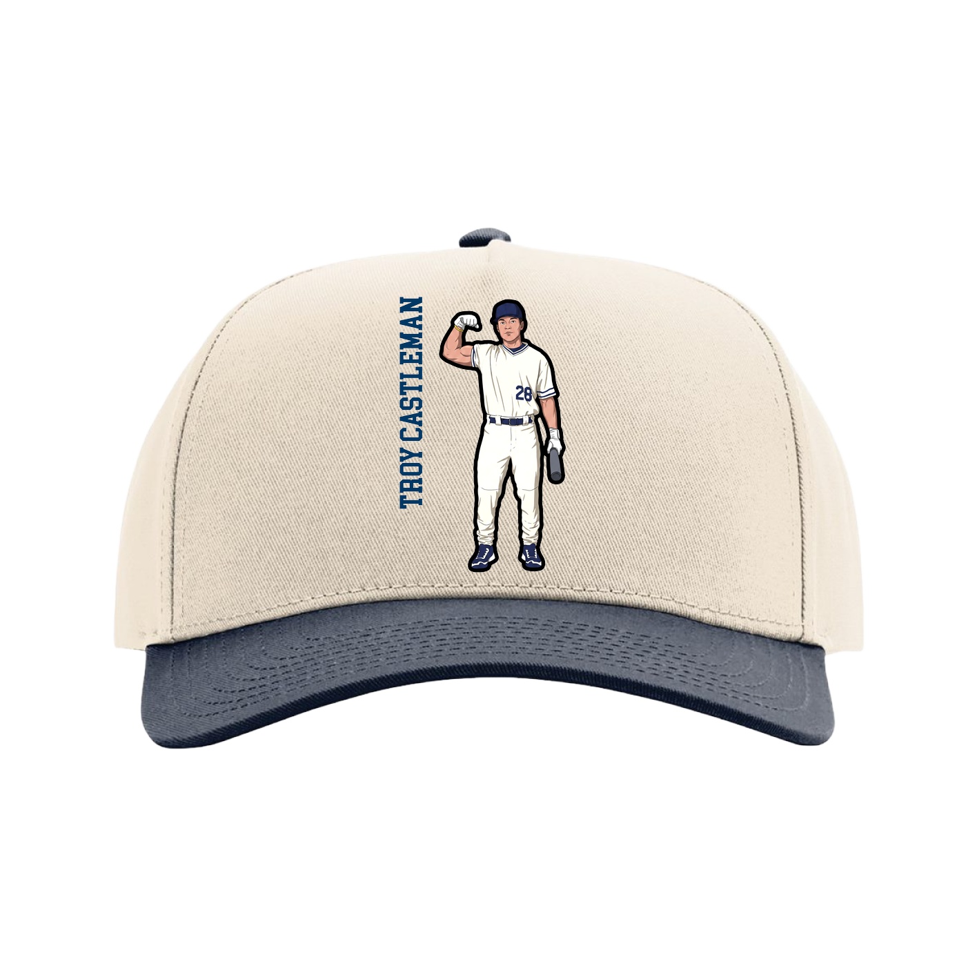 Full Fabric Five-Panel Champ Cap — Name Vertical in Cream/Navy