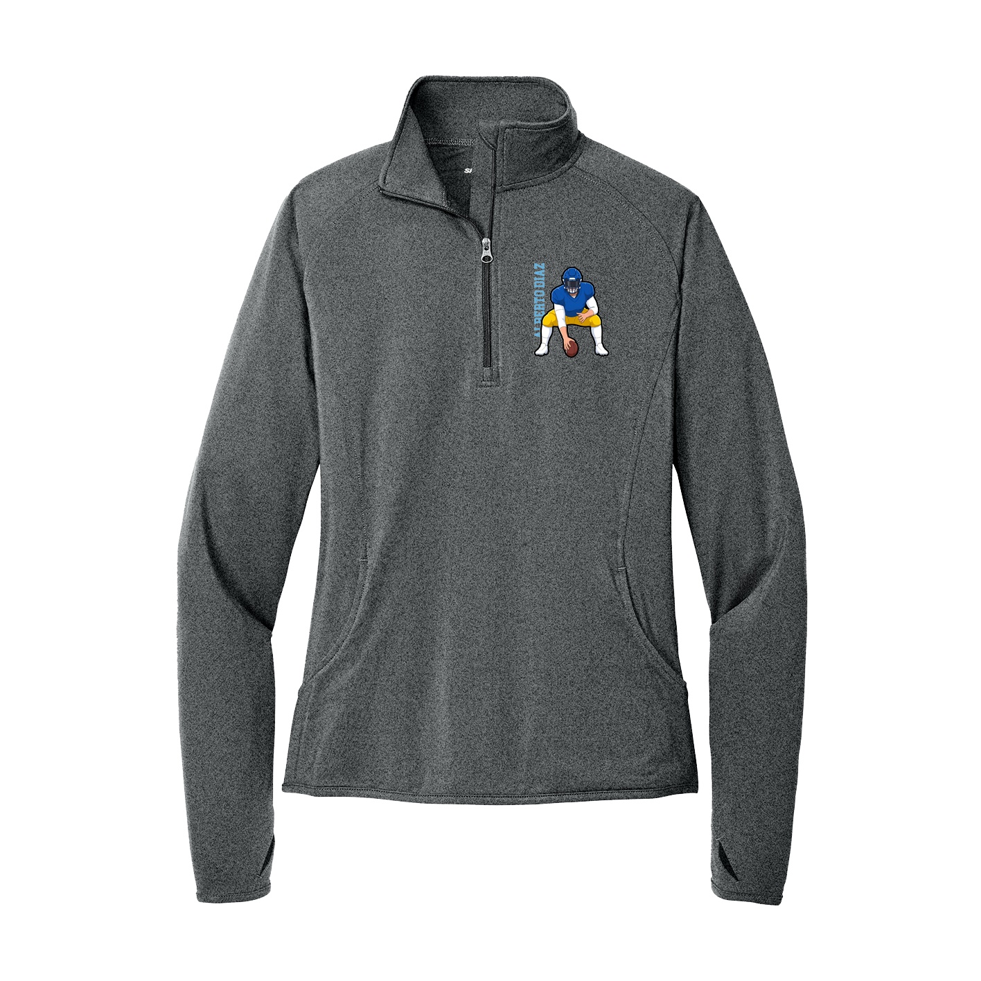 Women's Q-Zip Pullover — Name Vertical in Grey