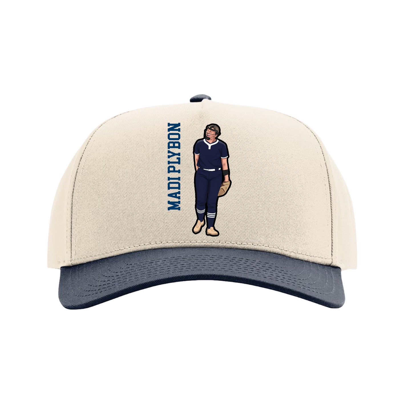 Full Fabric Five-Panel Champ Cap — Name Vertical in Cream/Navy