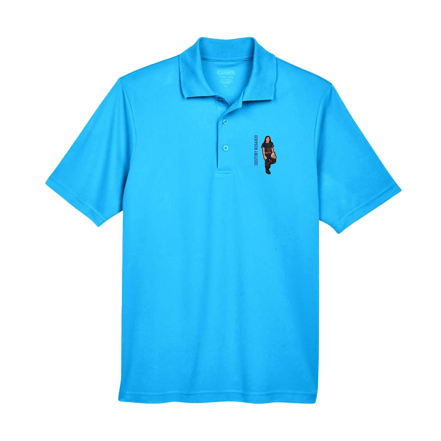 Performance Polo — Name Vertical in Light Blue