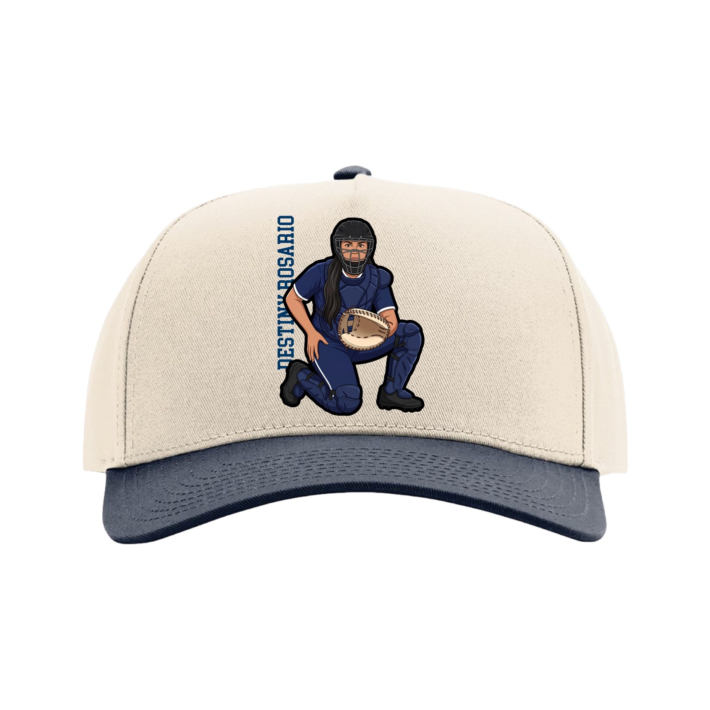 Full Fabric Five-Panel Champ Cap — Name Vertical in Cream/Navy