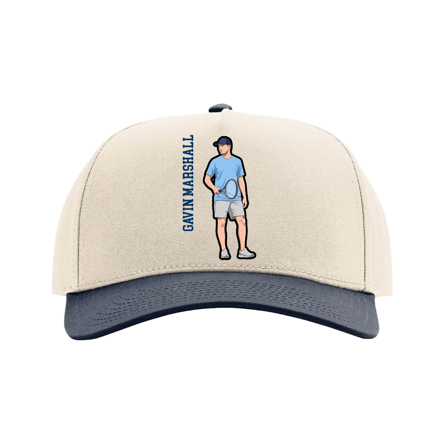 Full Fabric Five-Panel Champ Cap — Name Vertical in Cream/Navy