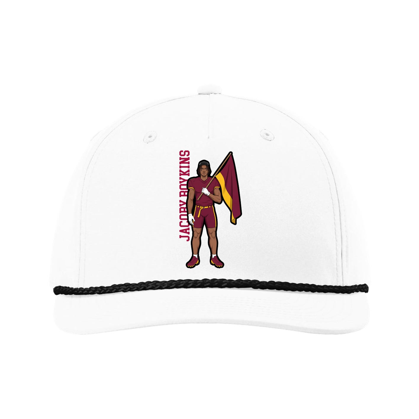 Five-Panel Classic Rope Cap — Name Vertical in White